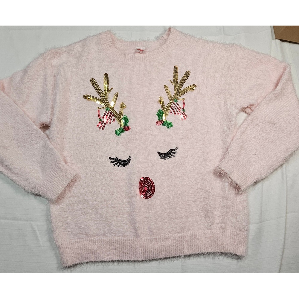Holiday Time Pink Fuzzy Reindeer Sequin Ugly Christmas Sweater Womens‎ Lg 12-14